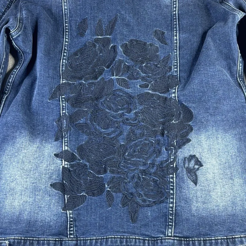 Lularoe Harvey Denim Jean Jacket Embroidered Floral Dark Wash Women Large Button
